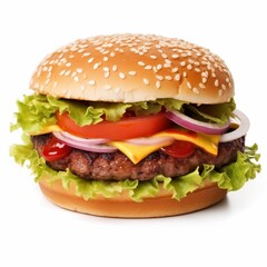 Tasty burger with meat and vegetables isolated on background