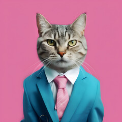 Portrait of a cat in a suit and tie on a pink background