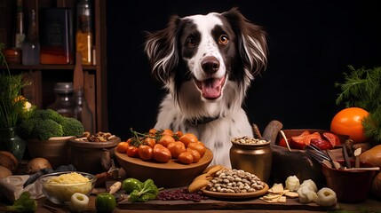 Nutritious food options for dogs with humangrade nutrition for pet health. Fresh vegetables and other wholesome ingredients for animal health. Trend of providing high quality, healthy pet products.