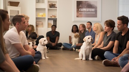 Puppy socialization class with pets and their owners participating. Dogs learning to interact and socialize with other dogs and humans, under the guidance of a professional dog trainer. Fun playing.