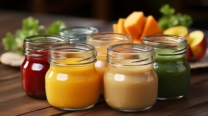 A Palette of Nutrition. Jars with different baby food on wooden table. Generative AI