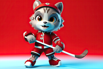 Petfluencers: The Cat's Passion as the In-Demand Newcomer in Ice Hockey on Red Background