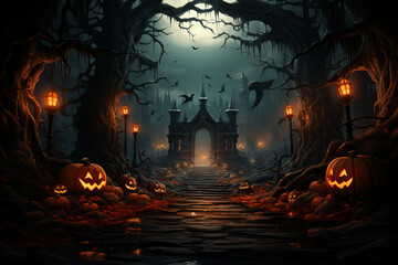 Fototapeta na wymiar Eerie Halloween Scenes: Glowing Pumpkin Lanterns, Moonlit Mystic Forests, Graveyard with Spooky Pumpkins, & Atmospheric Haunting Backdrops. Ai Generative
