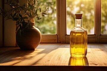 Golden goodness. Fresh olive oil in glass bottle. Mediterranean elixir. Healthy green. Nature bounty. Freshly pressed extra virgin