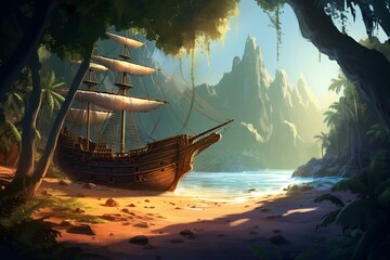 Isolated island with pirates, sandy beach, dense forest. Generative AI