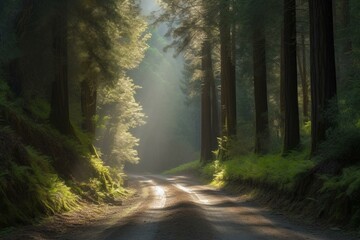 A forest road with sunlight filtering through trees. Generative AI