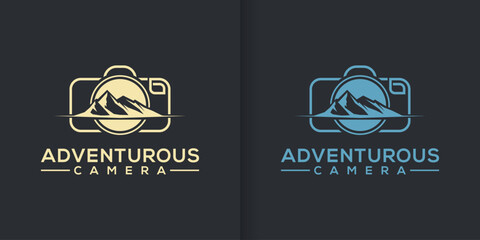 Mountain river landscape photographer logo with camera. simple minimalist photography film studio design vector