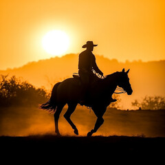 Silhouette of a cowboy on a horse against the background of the setting sun