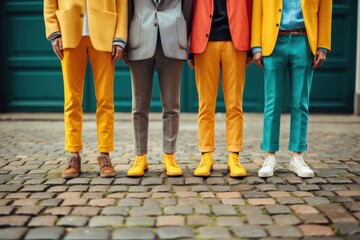 group of people in colorful pants and shoes