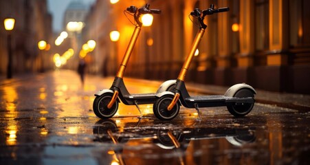 An electric scooter stands on the street - obrazy, fototapety, plakaty