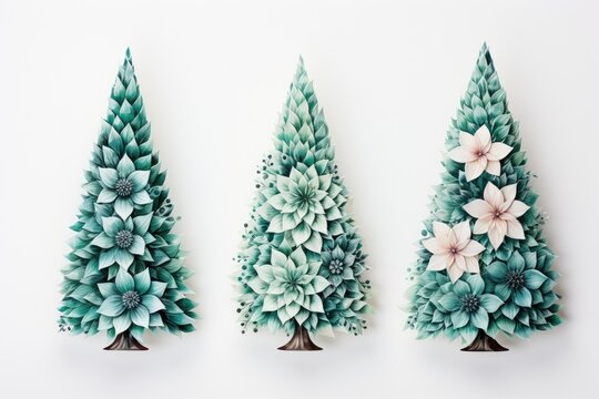 Three watercolor Christmas trees on a white background. New Year card, banner