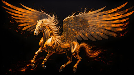 Winged Golden Horse Pegas on a black background