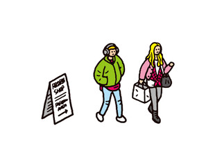 90年代ファッションの男性と女性と看板