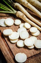 Chopped parsley root. On table