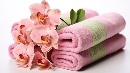 Obraz na płótnie Canvas Pure Harmony. Orchid flower and towel rolls, isolated on white. Generative AI