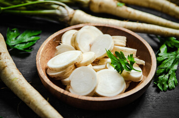 Chopped parsley root. On table