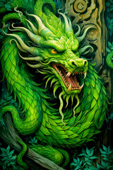 Green fantasy dragon. Chinese New Year 2024 zodiac sign, year of the Dragon. Mythological creature. Illustration of fantastic monster for postcard, book, poster, banner.