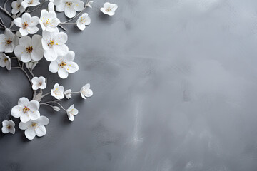 Minimalistic flowers on a grey concrete background, spring banner, copy space 