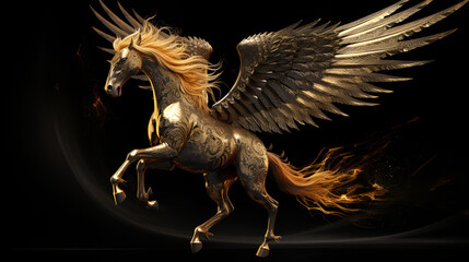 Obraz na płótnie Canvas Winged Golden Horse Pegas on a black background