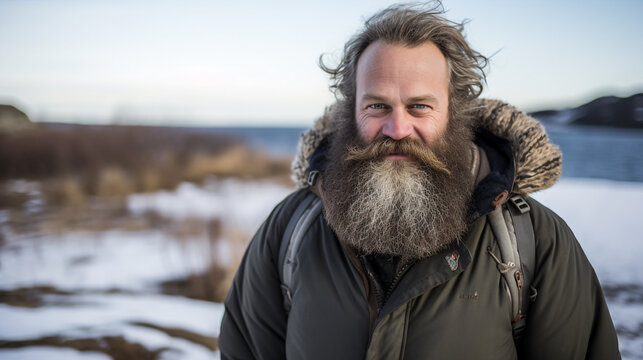 Homme barbu face au paysage hivernal.