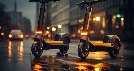 An electric scooter stands on the street