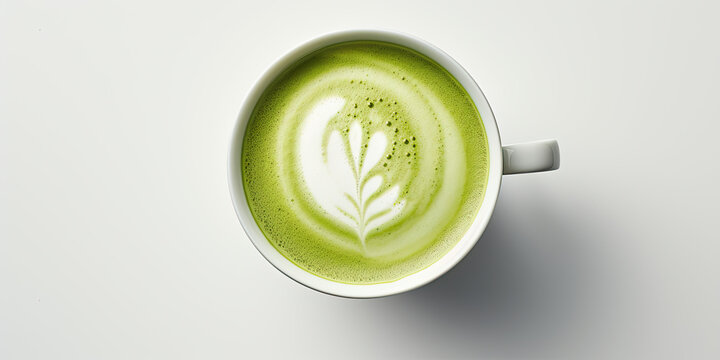 matcha latte top view on a white table 