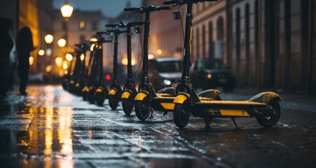 An electric scooter stands on the street - obrazy, fototapety, plakaty
