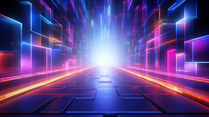 Obraz premium Neon Prismatic Glow: 3D Checked Cubes Unleash a Spectrum of Colors in a Dynamic Abstract Pattern