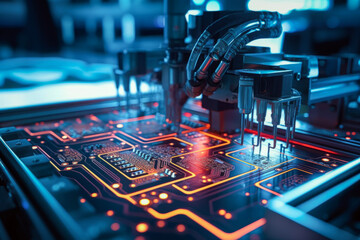 Close up of automatic pick and place machine installs components on circuit computer board or IC chip on conveyor belt in background of modern factory. development concept of technology. - obrazy, fototapety, plakaty