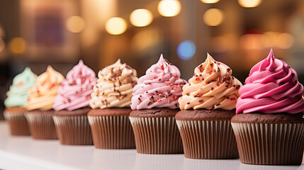Row of colourful cupcakes with chocolate and pastel  butter cream - obrazy, fototapety, plakaty