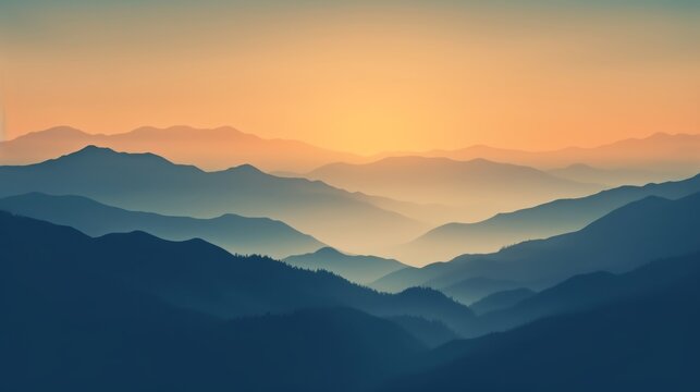 Landscape forest mountains nature adventure travel background panorama - Illustration of dark blue orange silhouette of valley view of forest fir trees and mountains peak © Corri Seizinger