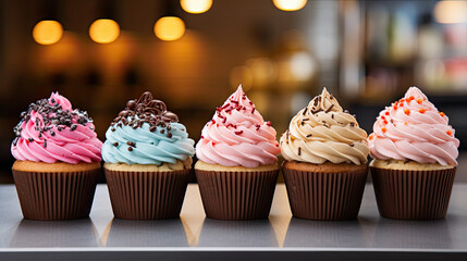 Row of colourful cupcakes with chocolate and pink butter cream - obrazy, fototapety, plakaty