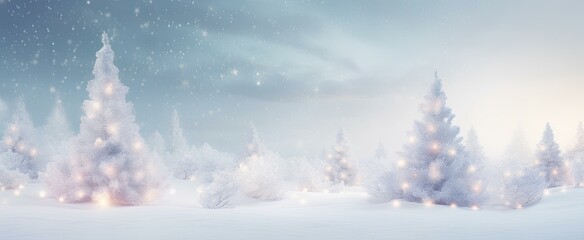 Tranquil winter wonderland backdrop, capturing a snow-covered fir tree illuminated by Christmas toys. Ideal space left for a festive greeting. generative AI