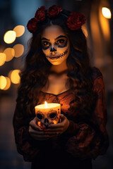 Fototapeta premium Fashion makeup for the Day of the Dead or Halloween in red colors