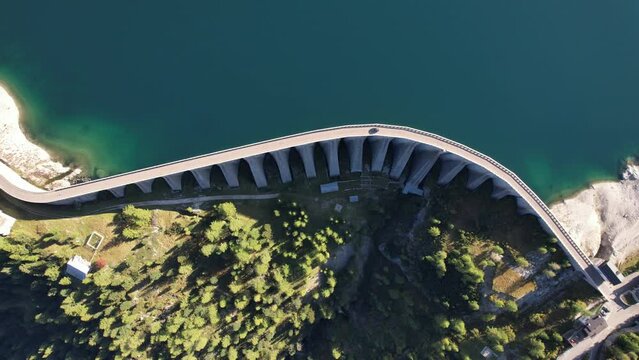 Fedaia Lake,Lago di Fedaia,Beautiful aerial landscape view of Italian Dolomites-with mountain meadows,lakes and rocky and sharp mountain tops,Dolomite Alps mountains, Canazei,Marmolada,Dolomites,Italy