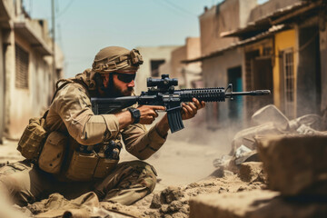 A soldier with an automatic weapon among the destruction aims at the enemy - obrazy, fototapety, plakaty