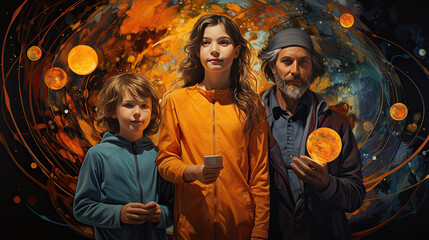 Fototapeta premium Illustration of a family, father daughter and his little son