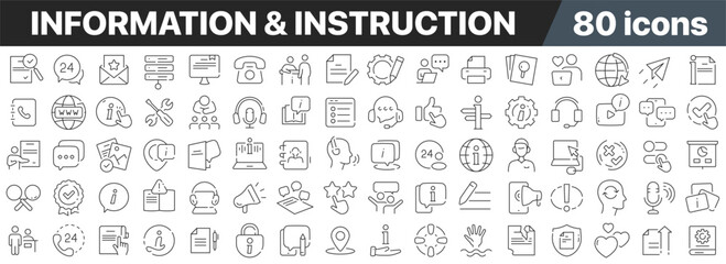 Information and instruction line icons collection. Big UI icon set in a flat design. Thin outline icons pack. Vector illustration EPS10