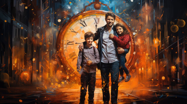 A father with his two children in the background a fucking clock. Time flies concept