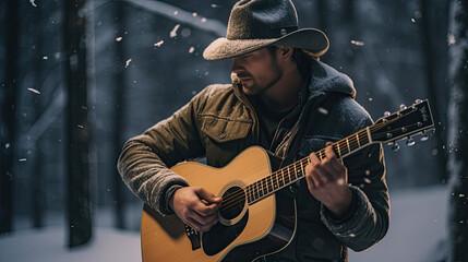 A country singer with a hat playing the guitar in winter during light snowfall