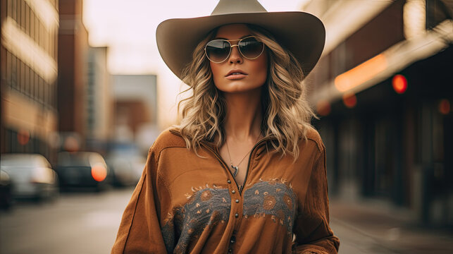 young pretty blonde woman in a hat and sunglasses walks on a street