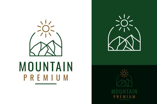 Simple Minimalist Retro Hipster Rocky Mountain Badge Emblem Sun Logo Design Branding Template