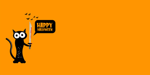 Happy halloween greeting card or banner with Black cat holding bloody knife isolated on orange background. Funny Halloween black cat holding a bloody knife . Halloween vector design template