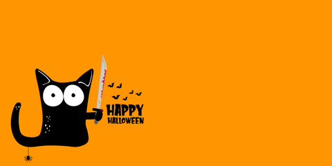 Happy halloween greeting card or banner with Black cat holding bloody knife isolated on orange background. Funny Halloween black cat holding a bloody knife . Halloween vector design template