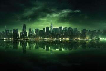 far distance city at night green tint 