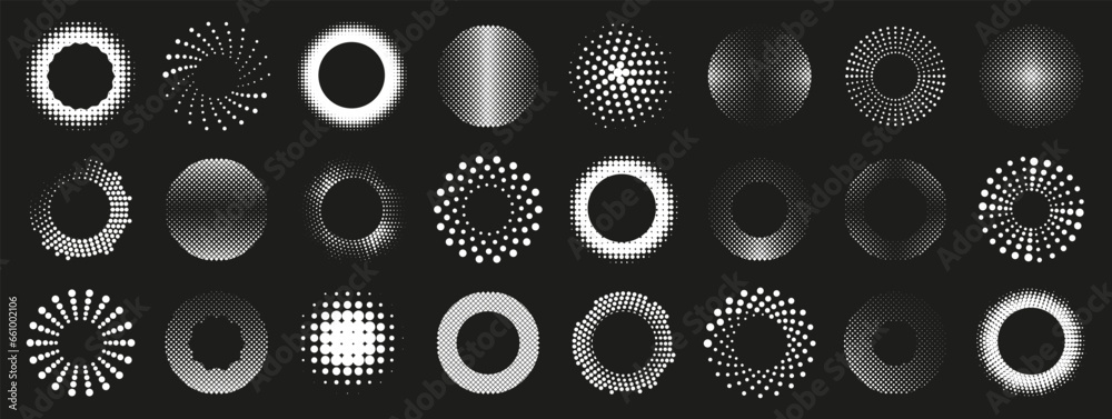Poster Radial halftone design element collection. Geometric halftone element. Abstract halftone circle. Set of round dotted geometric logo
