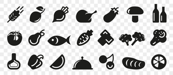 Foodstuff icon collection in black. Food icon set. Chicken, meat, fruits, vegetables icons set