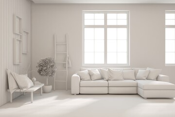 Grey interior desigh concept with furniture. 3D illustration