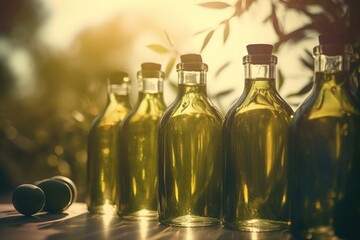 Olive oil bottles with olives leaves with sunny background 