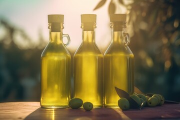 Olive oil bottles with olives leaves with sunny background 